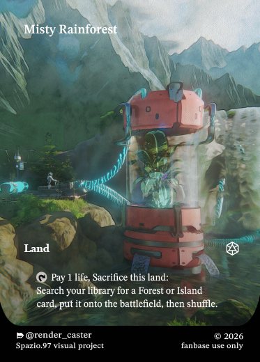Carta Rendercaster Misty Rainforest, n° 11, fetch land: capsula rossa tra cascate e vegetazione